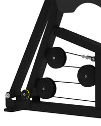 Black metal cable machine with four circular pulleys and yellow accent for gym gear pro series leg press home training