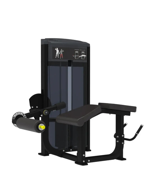 Gym Gear Pro Series lying leg curl machine in black with padded seat handle and instructional control panel for home fitness