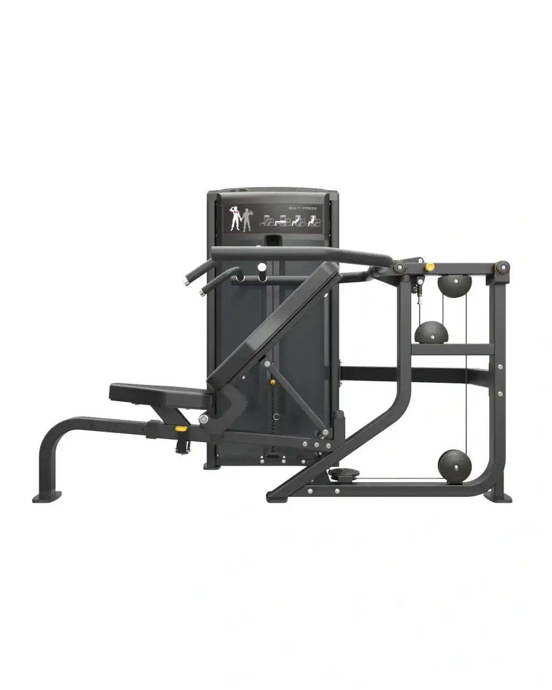 Black metal gym gear pro series multi press with adjustable bench and pulley system for home workout use