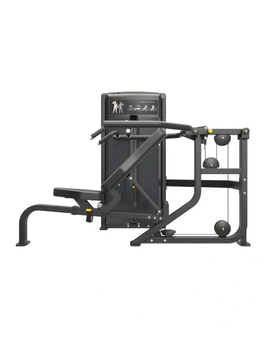 Black metal gym gear pro series multi press with adjustable bench and pulley system for home workout use
