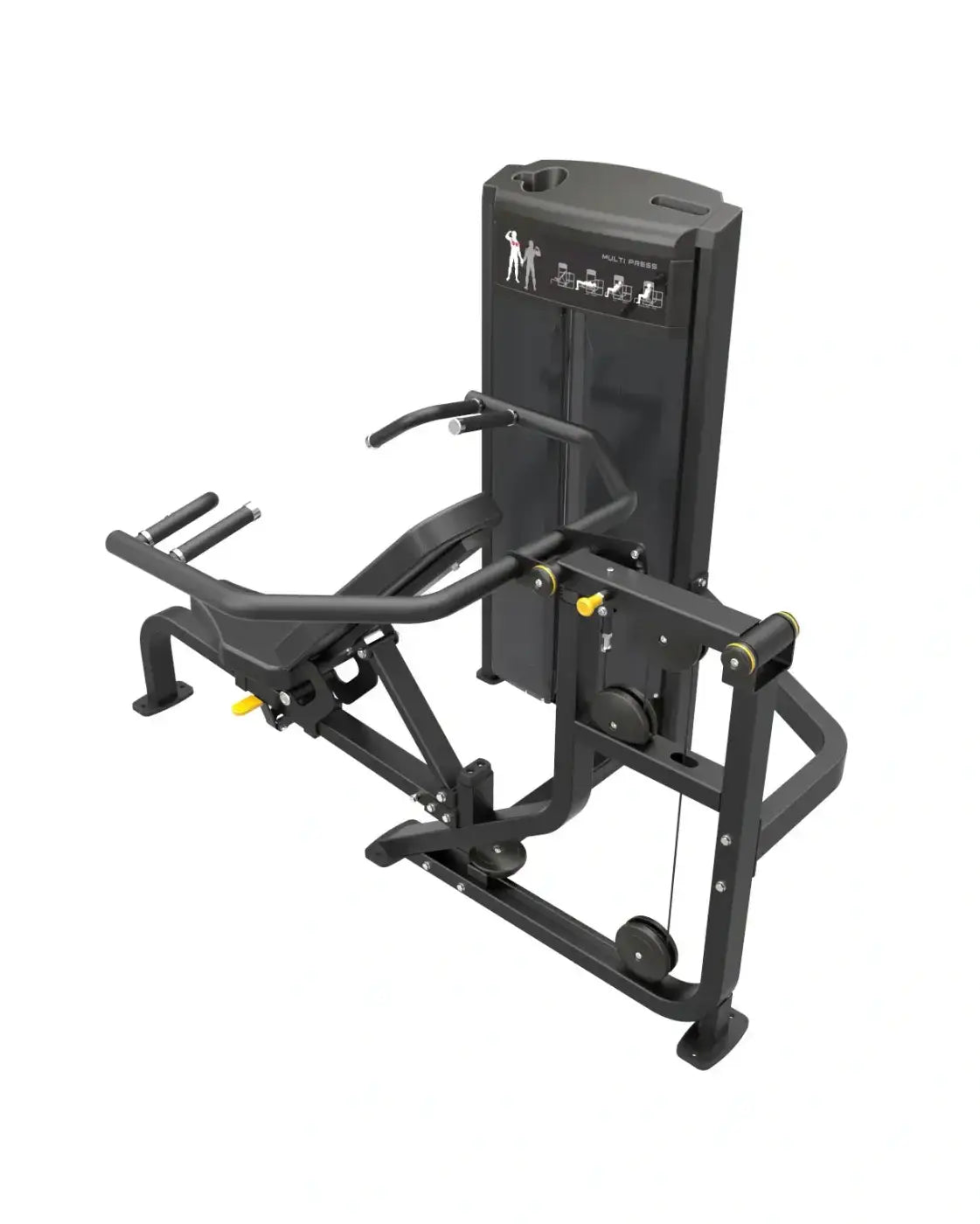 Black metal Gym Gear Pro Series multi press with yellow adjustment knobs and control panel for home workout use