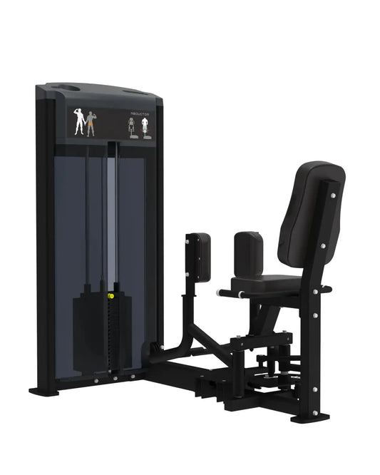 Black metal and plastic Gym Gear Pro Series hip thrust machine with adjustable seat and backrest for outer thigh workouts