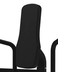 Black padded backrest with smooth curved contours and sleek metallic frame of Gym Gear Pro Series Pec Deck for home fitness