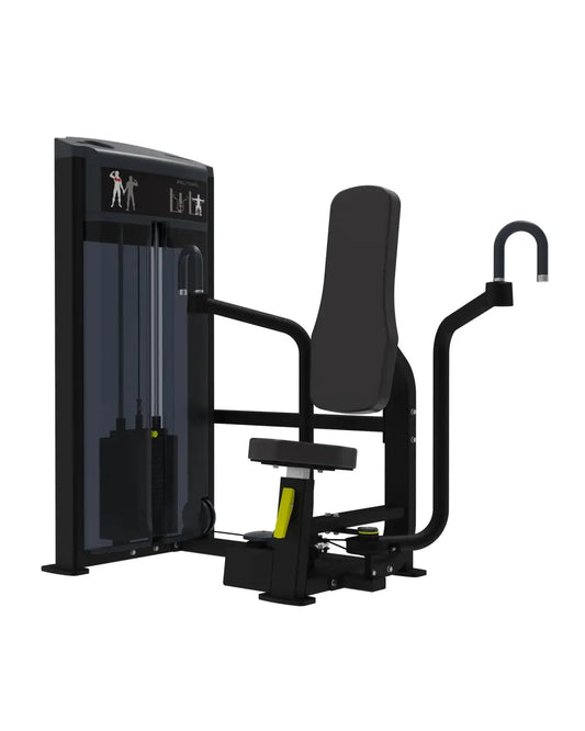 Gym gear pro series pec deck cable machine with black and yellow frame and padded seat for upper body workouts