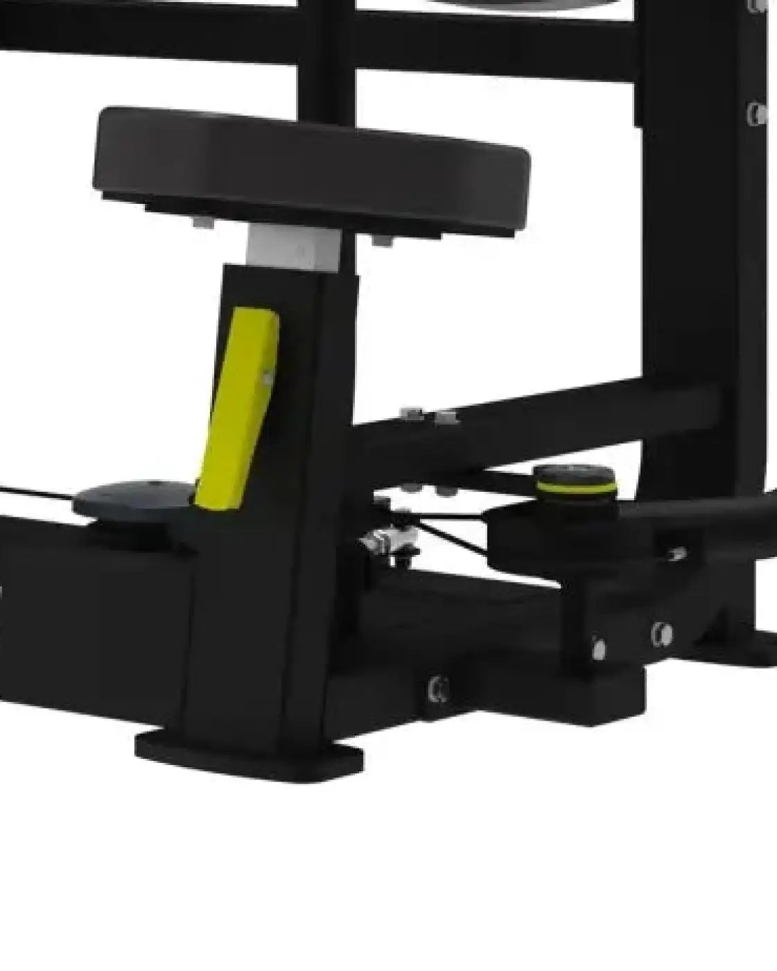 Black Gym Gear Pro Series pec deck weight bench with bright yellow adjustment lever and matching resistance band accents