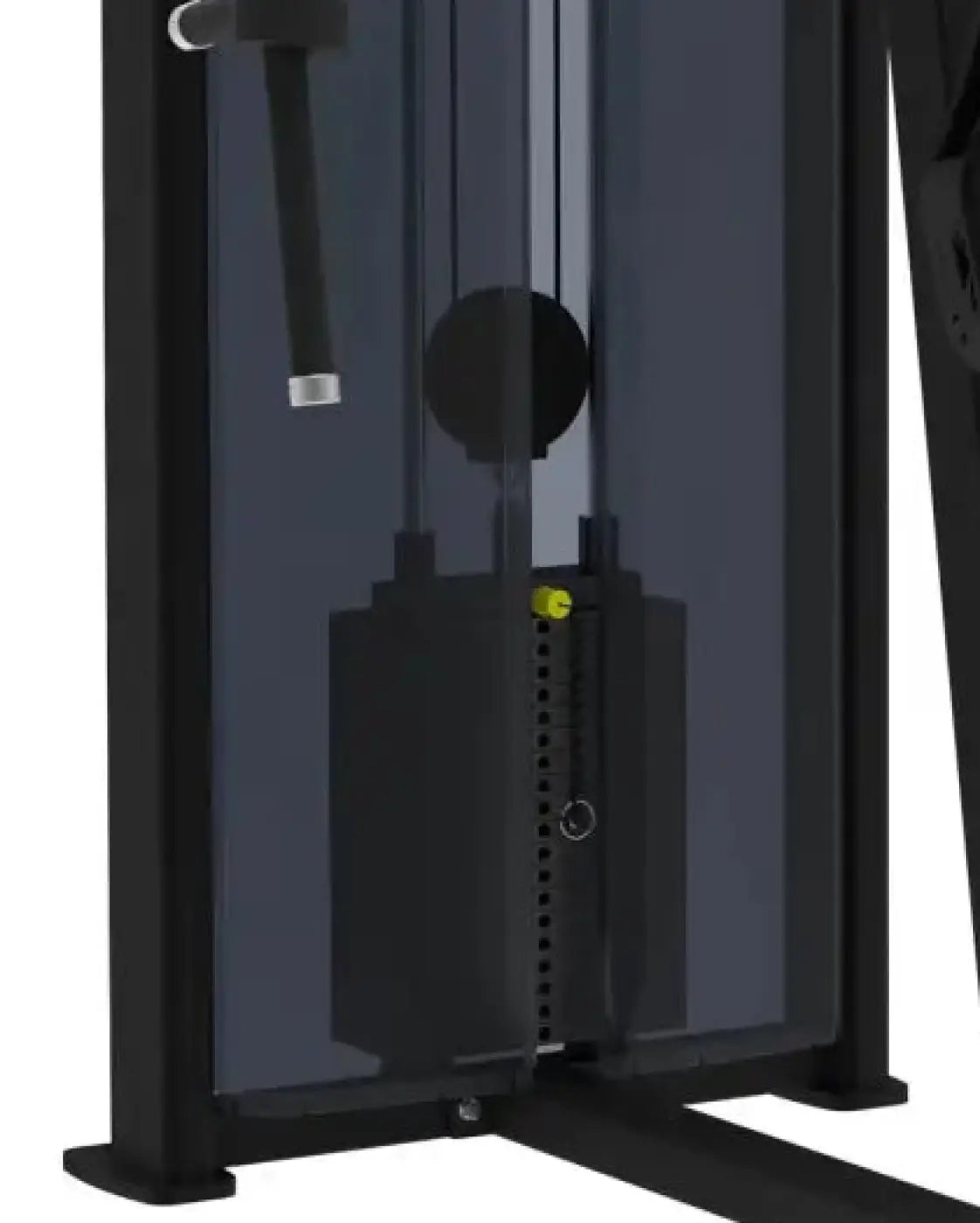Gym gear pro series pec fly rear delt cable machine back side with black frame yellow adjustment knob and dark gray panel