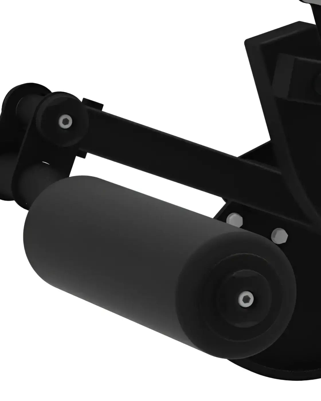 Black rubber-coated roller with metal mounting hardware for gym gear pro series seated leg curl home training