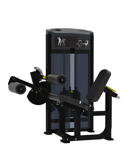 Gym Gear Pro Series seated leg curl machine in black and yellow with sturdy metal frame and adjustable padded rollers for home training