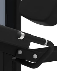Black metal frame with silver bolts and circular accents of Gym Gear Pro Series seated leg curl for home training