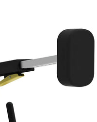 Black rectangular silicone end cap on silver metal rod with black and yellow plastic details in gym gear pro series seated row