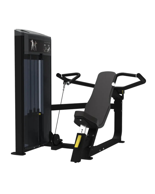 Black commercial-grade Gym Gear Pro Series shoulder press machine with padded seat, adjustable cables, and digital display panel
