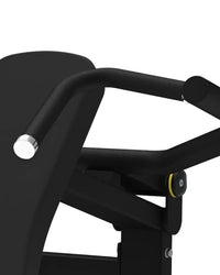 Black metal gym gear pro series shoulder press machine frame with silver cylindrical handle and yellow adjustment knob