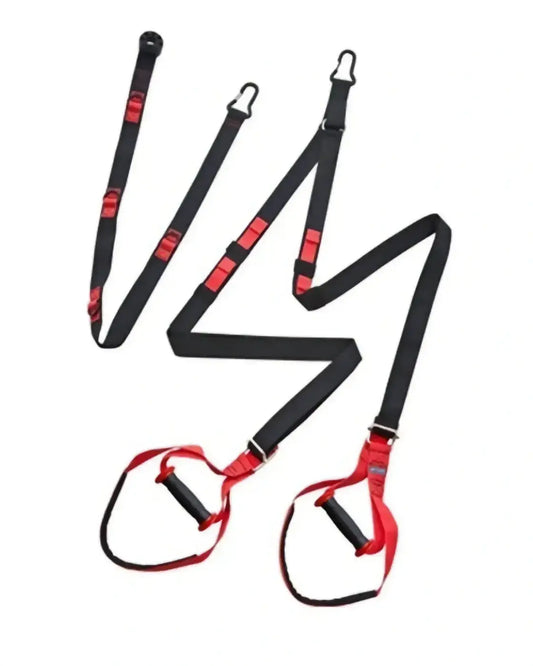 Gym Gear Pro suspension trainer in black and red with adjustable straps and ergonomic handles for home fitness