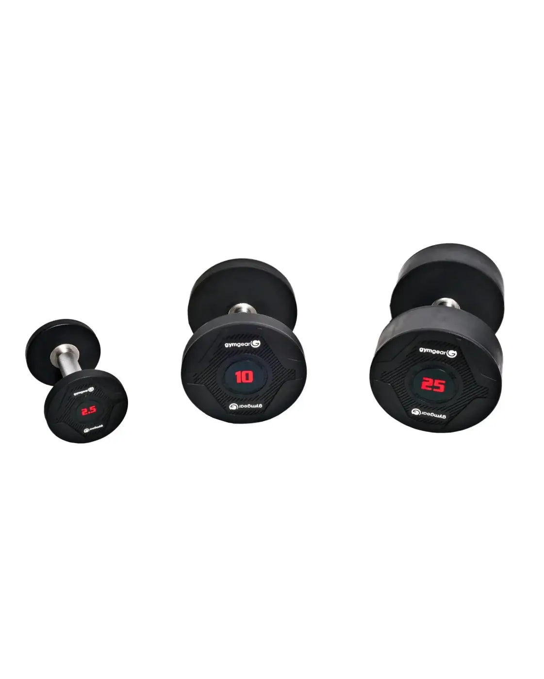 Set of three black urethane gymnast dumbbells with red digital weight markings for gym gear pro uk delivery
