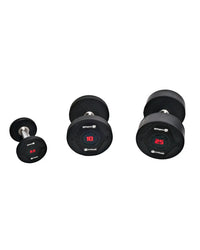 Set of three black urethane gymnast dumbbells with red digital weight markings for gym gear pro uk delivery