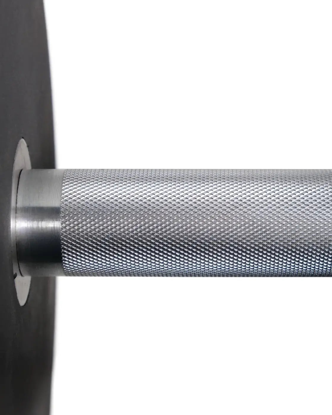Silver textured barbell handle with knurled grip and polished metallic ends for gym gear pro urethane dumbbells uk delivery