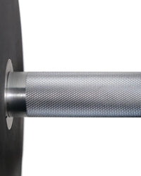 Silver textured barbell handle with knurled grip and polished metallic ends for gym gear pro urethane dumbbells uk delivery