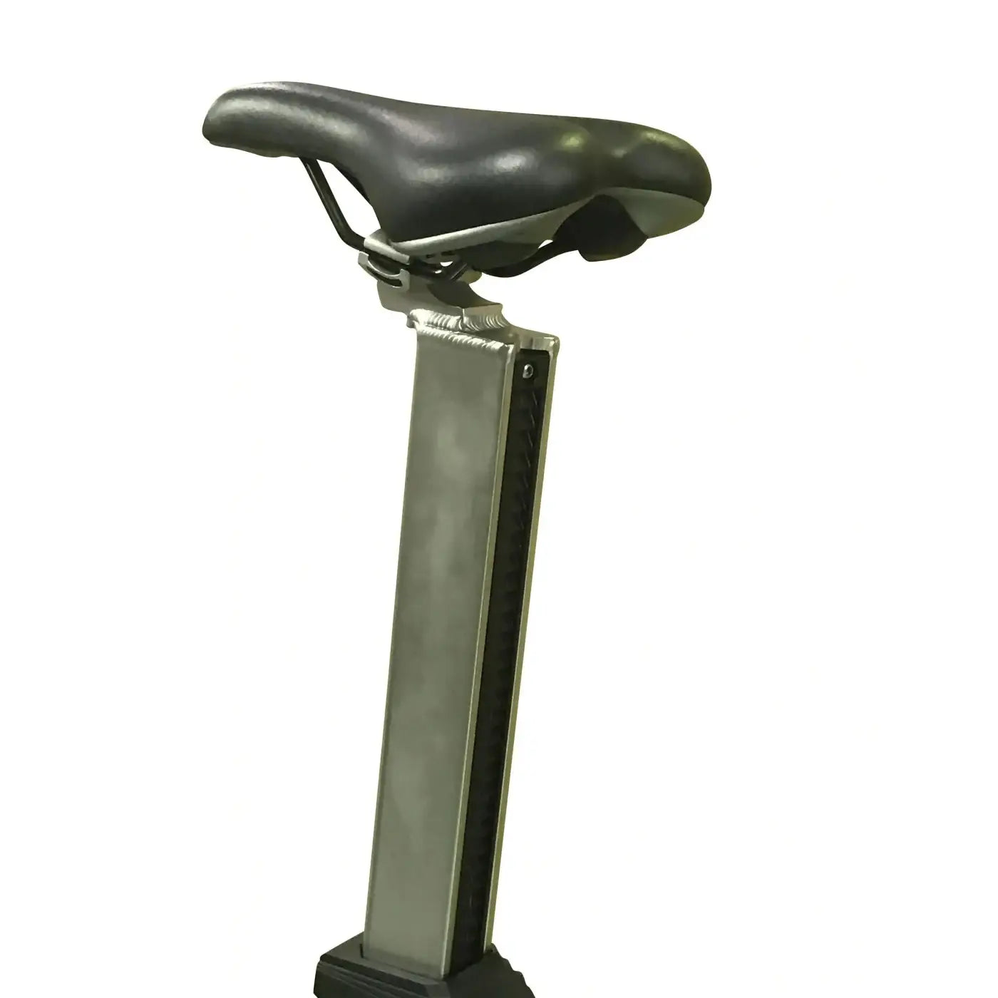 Black leather bicycle saddle mounted on a silver metallic seat post of gym gear pursuit 2.0 indoor cycling bike uk