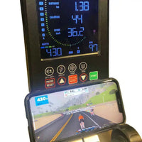 Black gym gear pursuit 2.0 indoor cycling bike with touchscreen and smartphone displaying cycling game for home gym use uk