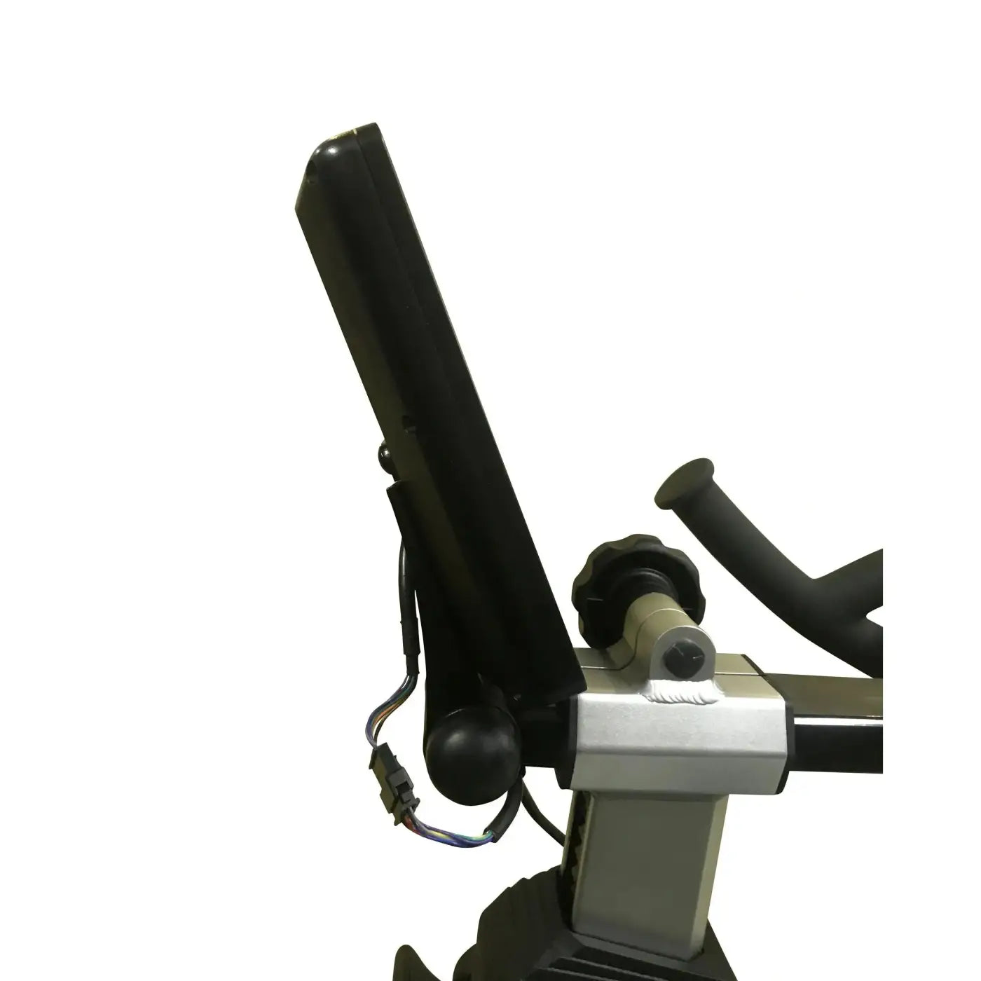 Black touchscreen monitor mounted on silver and black console of gym gear pursuit 2.0 indoor cycling bike uk model