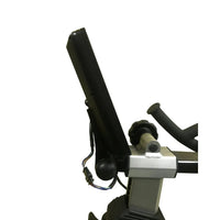 Black touchscreen monitor mounted on silver and black console of gym gear pursuit 2.0 indoor cycling bike uk model