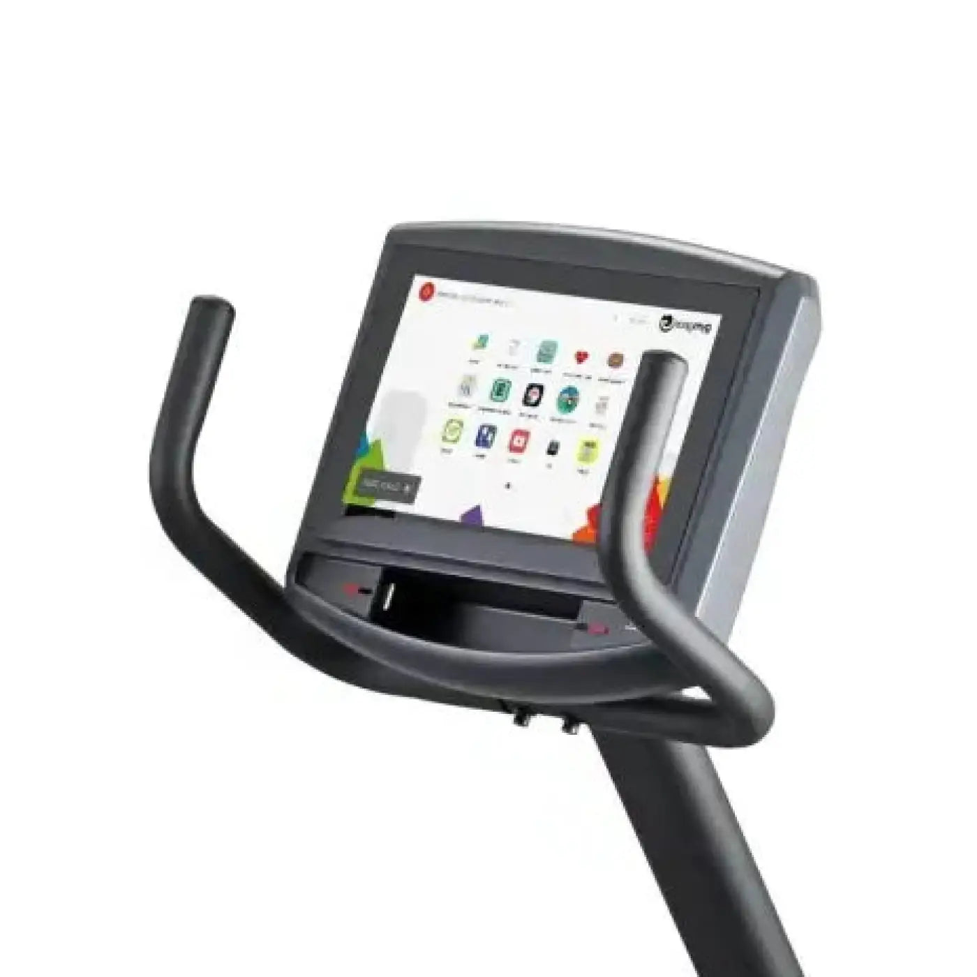 Black Gym Gear R8e recumbent exercise bike with touchscreen display and king logo for home gym use in the UK