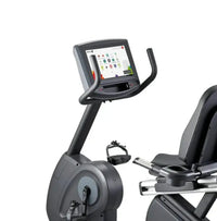 Black Gym Gear R8e recumbent exercise bike with touchscreen display and adjustable seat for home gym use in the UK