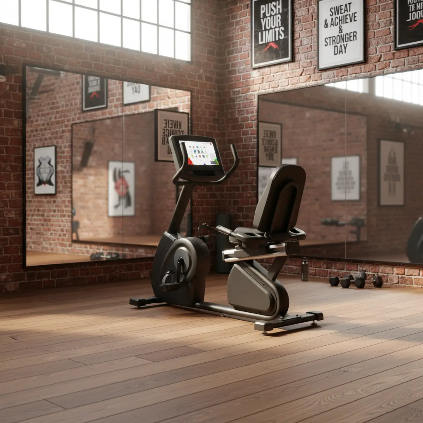 Black and gray gym gear r8e recumbent exercise bike with digital display screen for home gym use in the uk
