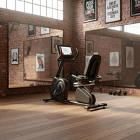 Black and gray gym gear r8e recumbent exercise bike with digital display screen for home gym use in the uk