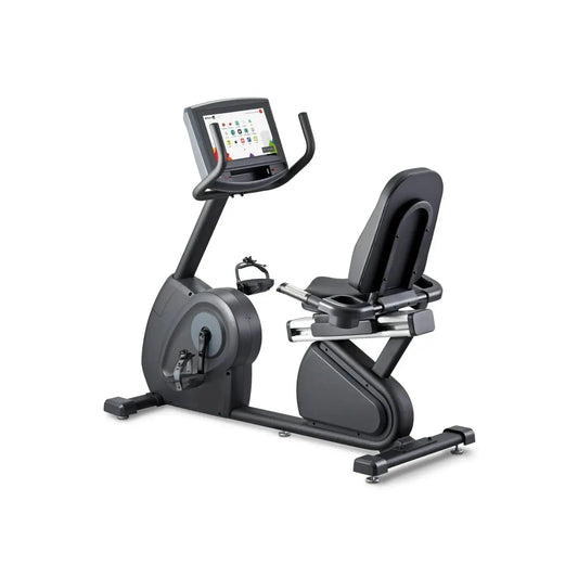 Black Gym Gear R8e recumbent exercise bike with digital display screen and padded seat for home gym use in UK