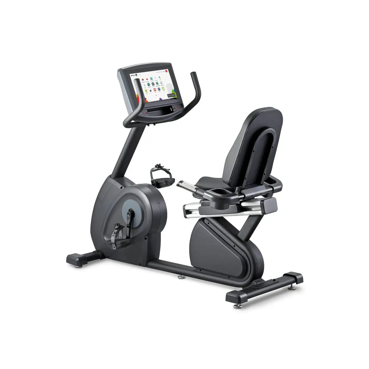 Black Gym Gear R8e recumbent exercise bike with digital display screen and padded seat for home gym use in UK