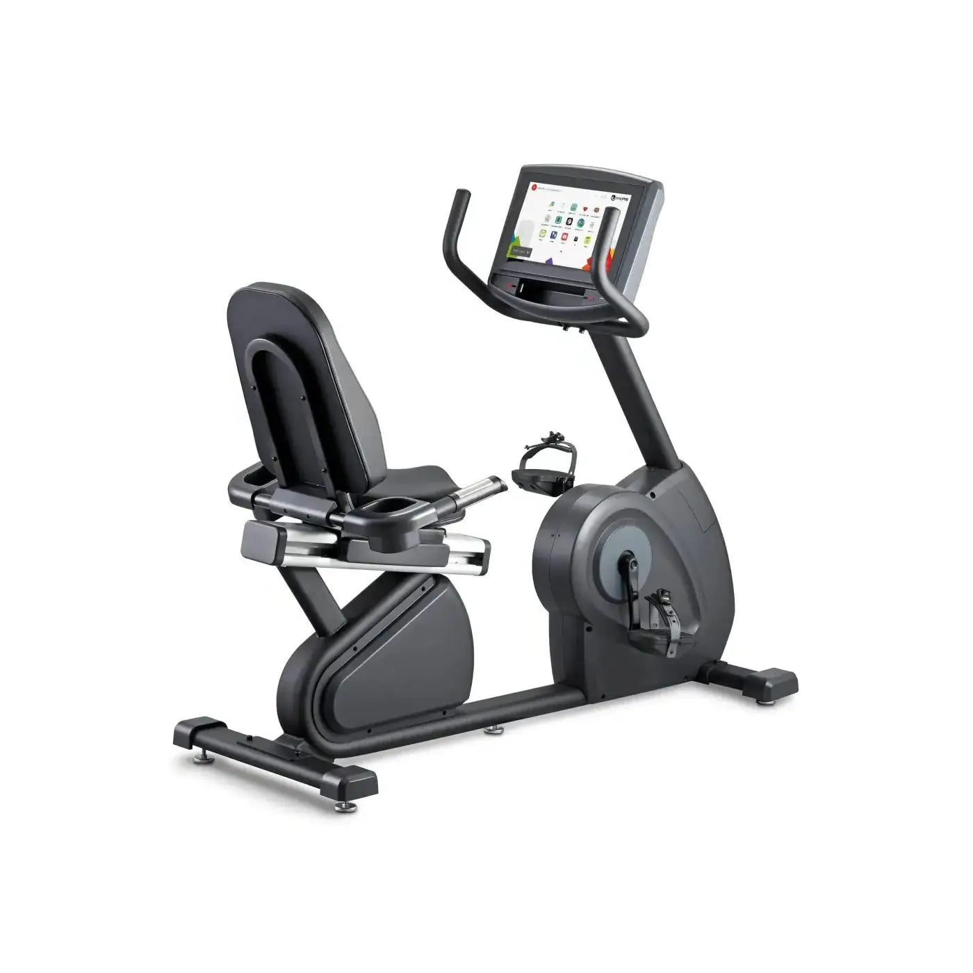 Black gym gear r8e recumbent exercise bike with digital display screen and padded seat for home gym use in UK