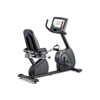 Black gym gear r8e recumbent exercise bike with digital display screen and padded seat for home gym use in UK