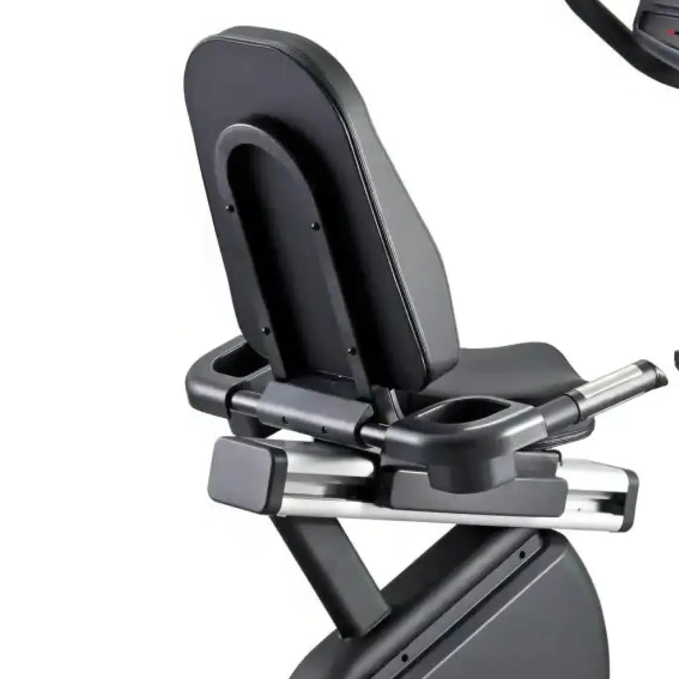 Black padded seat and backrest with silver metallic frame accents of gym gear r8e recumbent exercise bike for home gym uk
