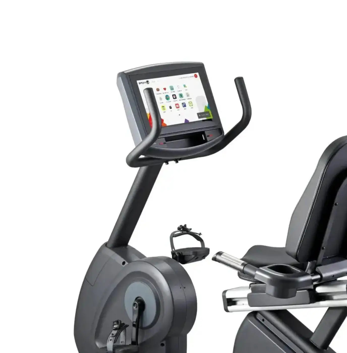 Black Gym Gear R8e recumbent exercise bike with touchscreen display and adjustable seat for home gym use in the UK