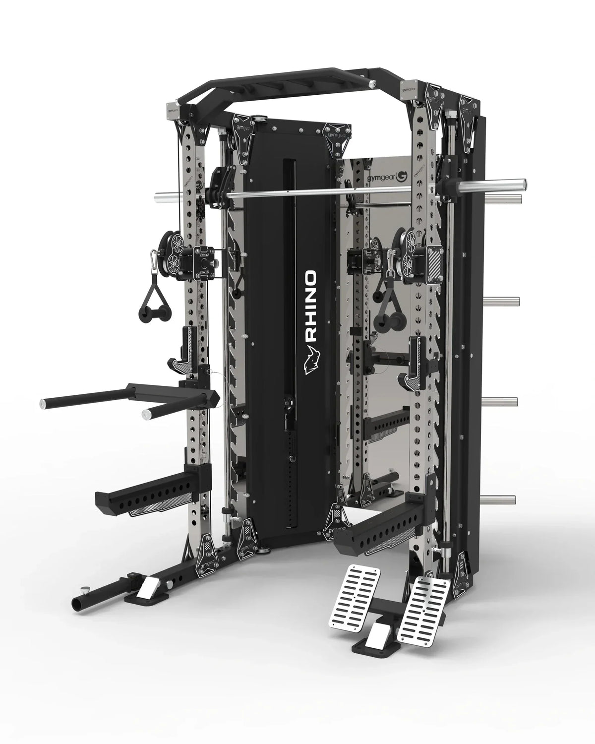 A black and silver industrial strength training cage with an attached barbell rack, pull-up bars, and foot pedals, shown on a clean white background. The brand name 'RHINO' is printed vertically on the center frame.