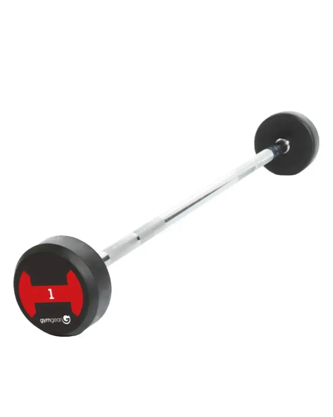 Black and red gym gear rubber barbell with chrome finished shaft designed for home workout sold individually