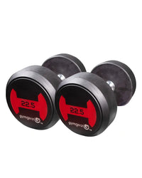 Black and red rubber dumbbells pair 22.5 pounds with bold logo design for gym use uk delivery available