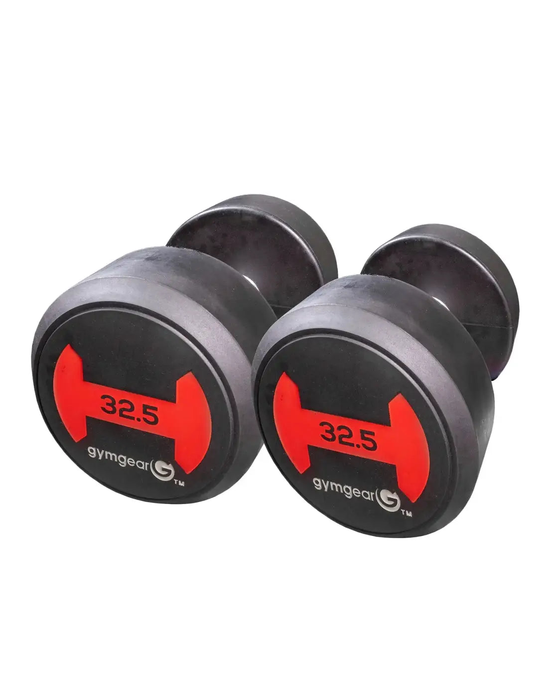 Black gymgear 32.5 kg rubber dumbbells pair with red weight markings and logo on circular ends for uk delivery