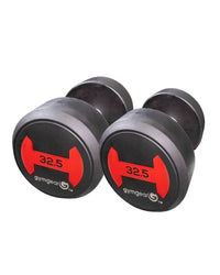Black gymgear 32.5 kg rubber dumbbells pair with red weight markings and logo on circular ends for uk delivery