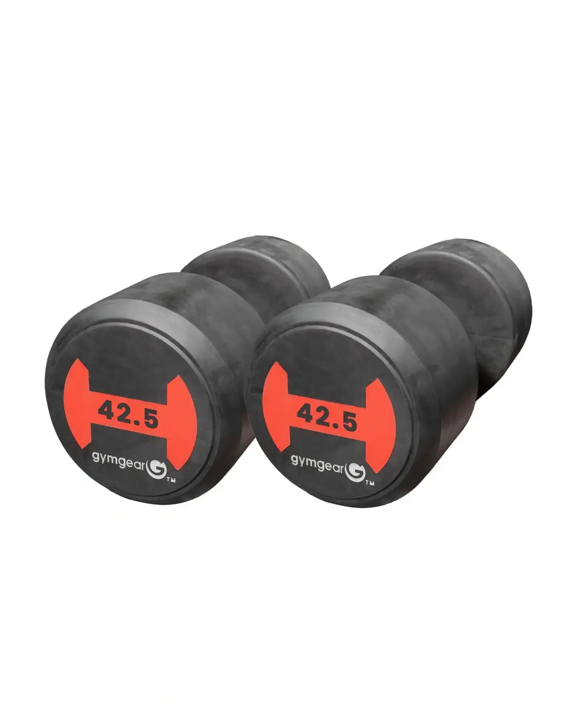 Black rubber gym gear dumbbells pair with red weight markings and logo for uk delivery