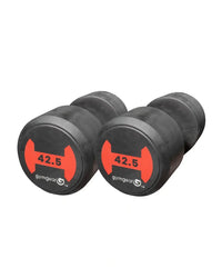Black rubber gym gear dumbbells pair with red weight markings and logo for uk delivery