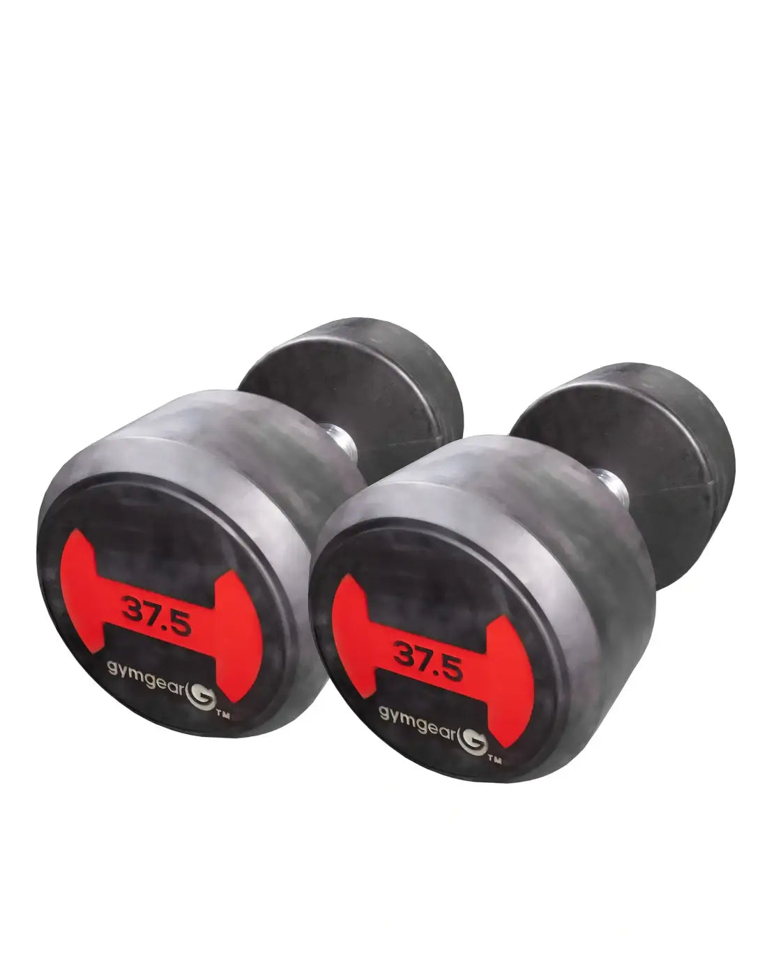 Black and red 37.5-pound rubber dumbbells pair with matte finish and gymgear logo for UK delivery