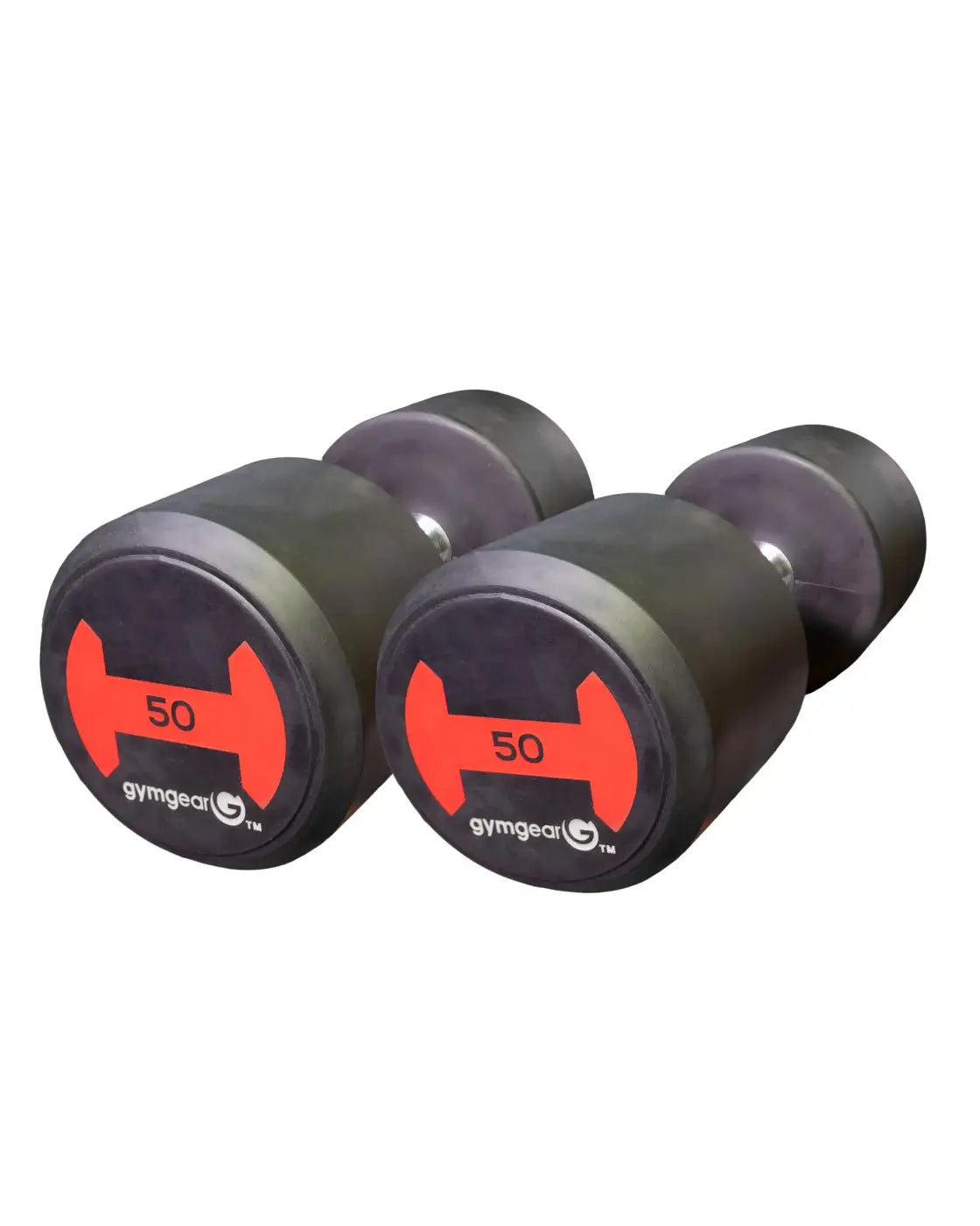 Black gym gear rubber dumbbells pair with 50-pound red weight markings and rubber-coated ends for uk delivery