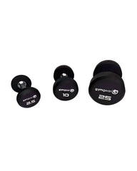 Black gym gear rubber dumbbell set with matte finish handles and silver metal centers for home gyms in 2.5 10 and 25 pounds