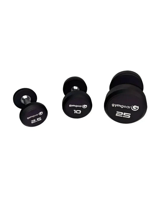 Black gym gear rubber dumbbell set with matte finish handles and silver metal centers for home gyms in 2.5 10 and 25 pounds