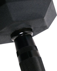 Black rubber hex dumbbell with textured grip handle designed for home gyms
