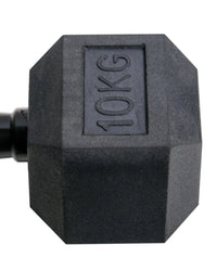 Black rubber hexagonal dumbbell with 10kg engraving and black handles for home gyms gym gear rubber hex dumbbells