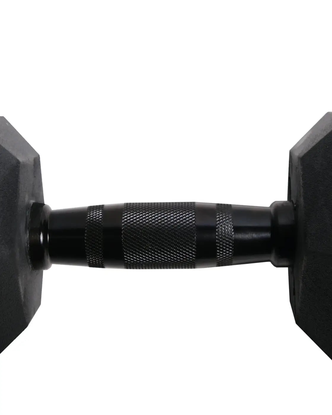 Black rubber hex dumbbell with a textured grip handle designed for home gyms in gym gear collection