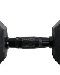 Black rubber hex dumbbell with a textured grip handle designed for home gyms in gym gear collection